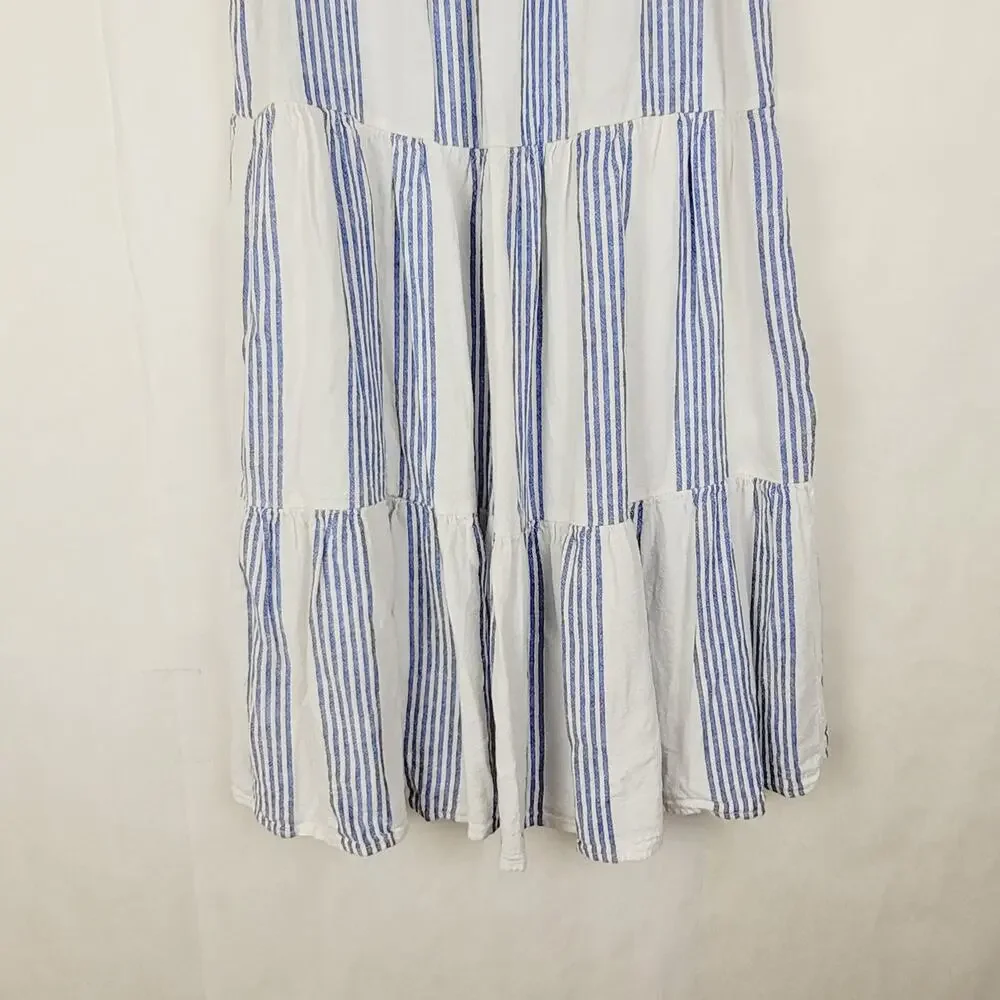 J.Crew linen blue striped ruffled sleeve babydoll dress SZ 4 resort coastal boho